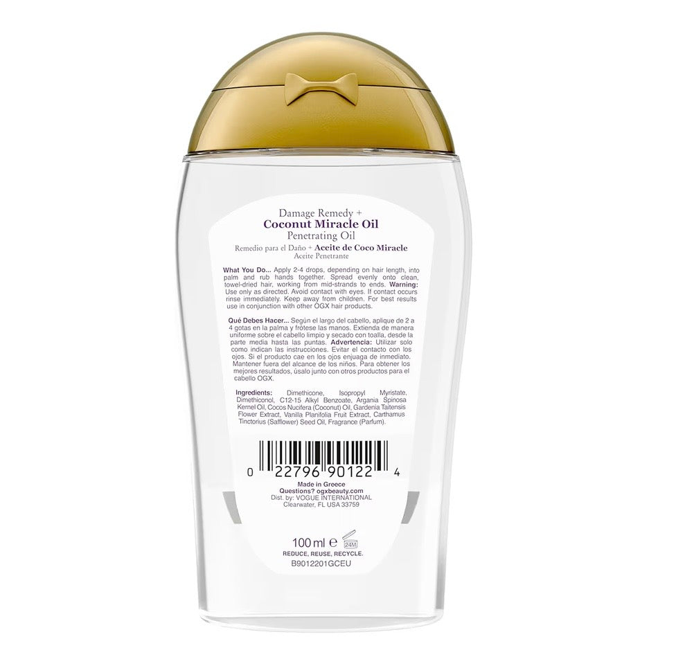 OGX Coconut Miracle Oil Penetrating Oil – Aceite Reparador de Coco para Cabello Seco y Dañado