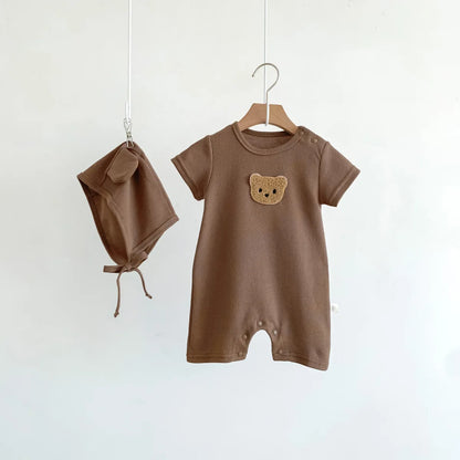 Nuevo en verano, monos para niños y niñas de manga corta con parche de gofre, monos para recién nacidos, pelele de algodón, sombrero de regalo con oreja