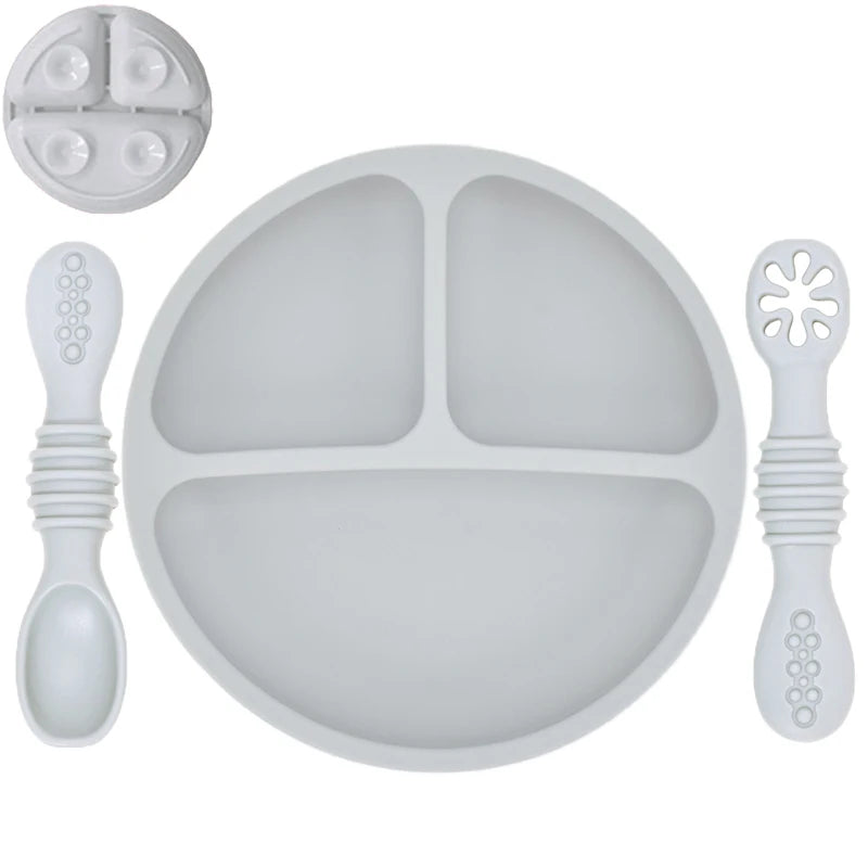 Plato de comedor de silicona con ventosa para bebé, juego de cuchara de arroz, platos bonitos de dibujos animados para niños, vajilla para bebé con cara sonriente, cuenco Retro para chico