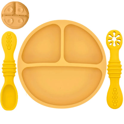 Plato de comedor de silicona con ventosa para bebé, juego de cuchara de arroz, platos bonitos de dibujos animados para niños, vajilla para bebé con cara sonriente, cuenco Retro para chico