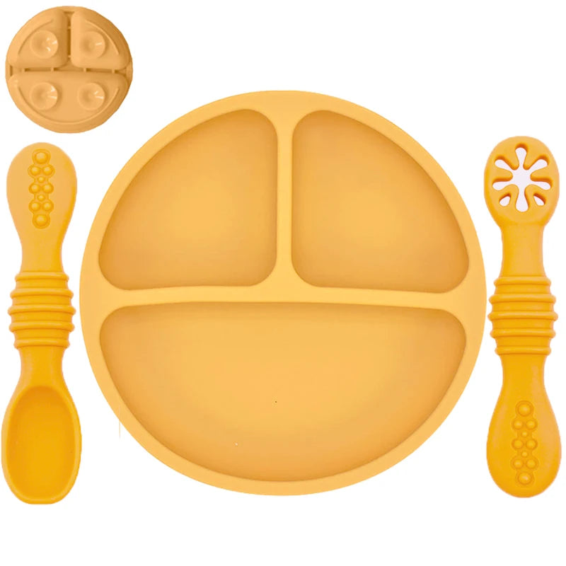 Plato de comedor de silicona con ventosa para bebé, juego de cuchara de arroz, platos bonitos de dibujos animados para niños, vajilla para bebé con cara sonriente, cuenco Retro para chico