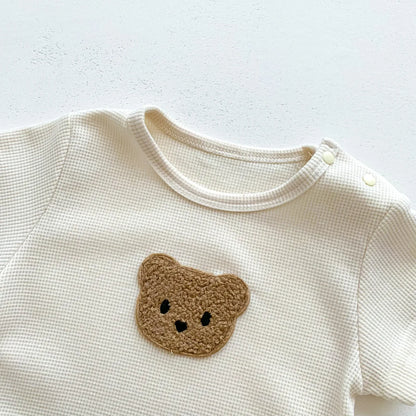 Nuevo en verano, monos para niños y niñas de manga corta con parche de gofre, monos para recién nacidos, pelele de algodón, sombrero de regalo con oreja