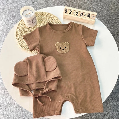 Nuevo en verano, monos para niños y niñas de manga corta con parche de gofre, monos para recién nacidos, pelele de algodón, sombrero de regalo con oreja