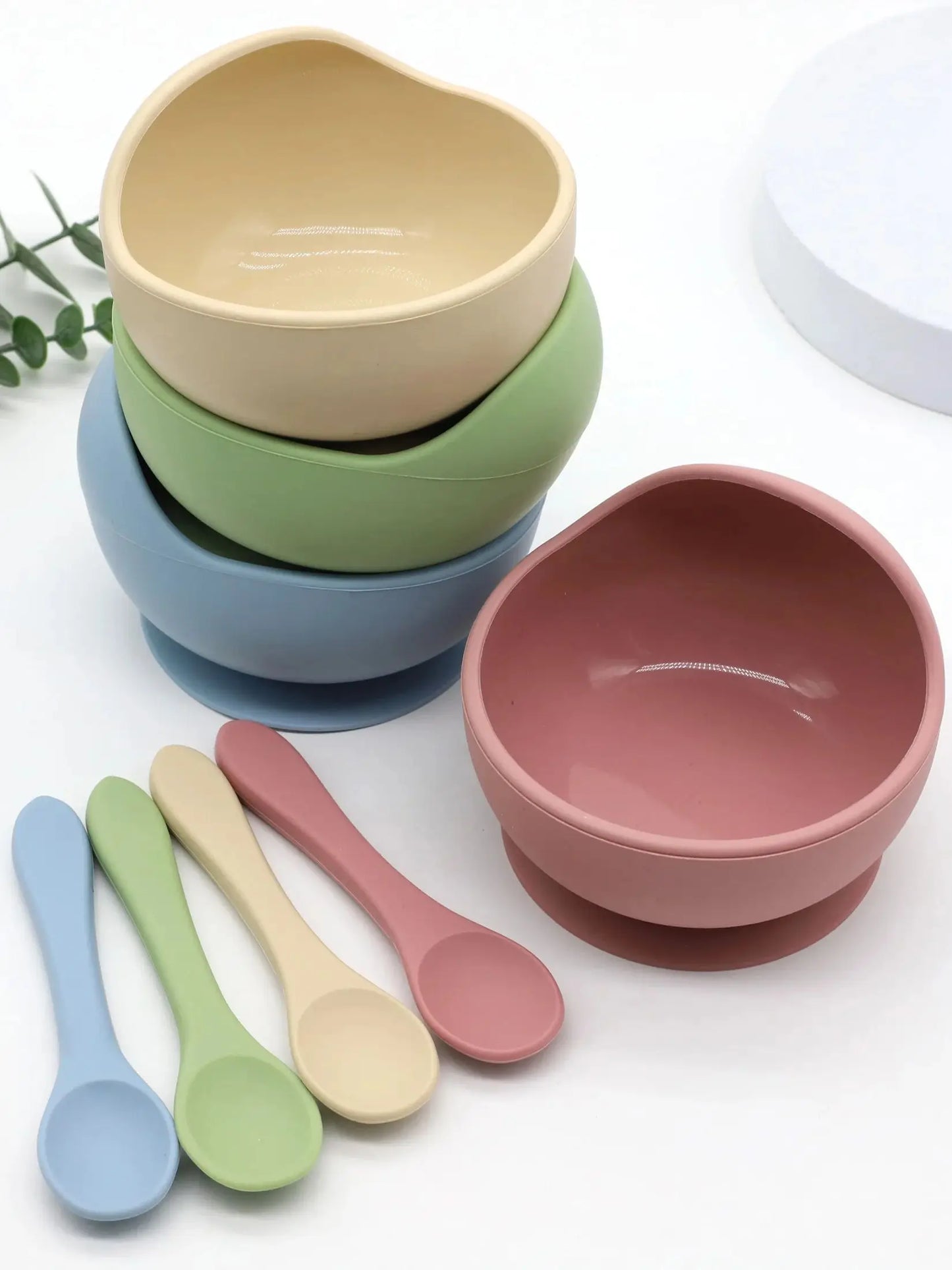 Juego de tazón y cuchara de silicona para alimentación complementaria de bebés con ventosa para una fuerte succión