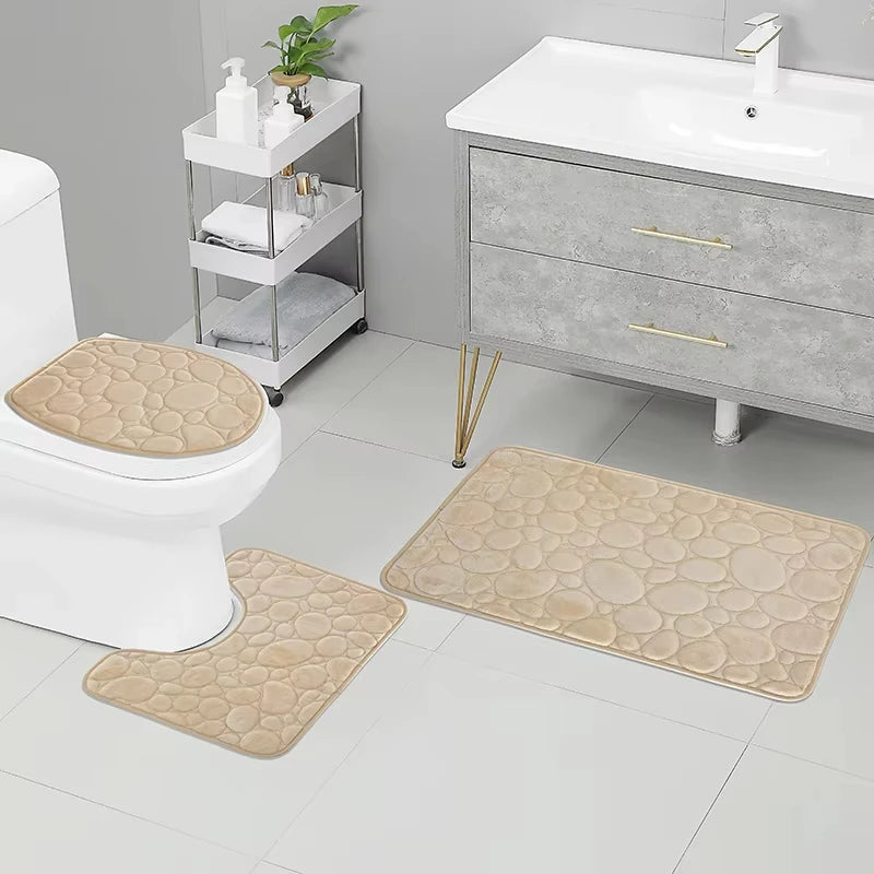 3 unids/set Color sólido baño Simple absorbente de agua y alfombrilla antideslizante patrón de piedra, cómodo y suave, juego de tres piezas