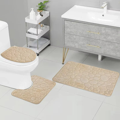 3 unids/set Color sólido baño Simple absorbente de agua y alfombrilla antideslizante patrón de piedra, cómodo y suave, juego de tres piezas