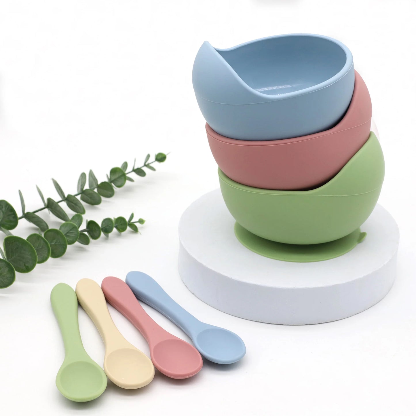 Juego de tazón y cuchara de silicona para alimentación complementaria de bebés con ventosa para una fuerte succión