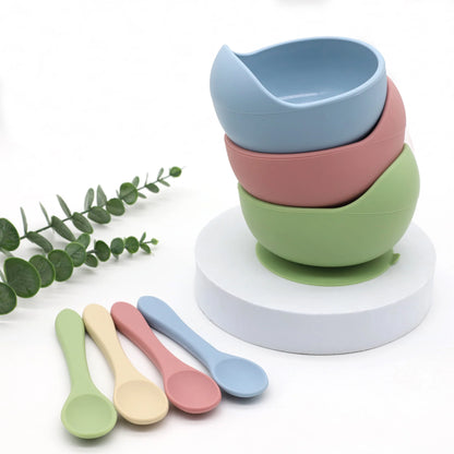 Juego de tazón y cuchara de silicona para alimentación complementaria de bebés con ventosa para una fuerte succión