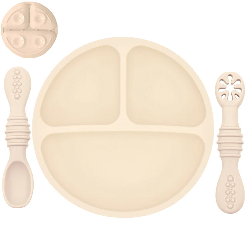 Plato de comedor de silicona con ventosa para bebé, juego de cuchara de arroz, platos bonitos de dibujos animados para niños, vajilla para bebé con cara sonriente, cuenco Retro para chico