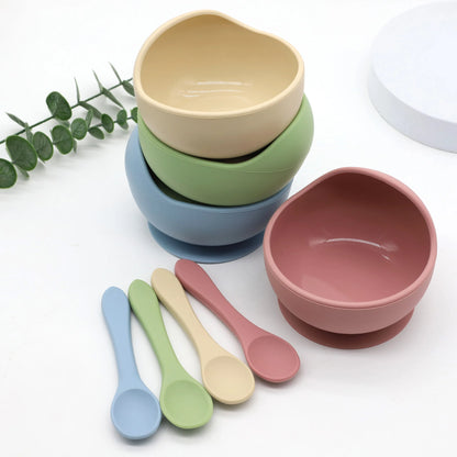 Juego de tazón y cuchara de silicona para alimentación complementaria de bebés con ventosa para una fuerte succión