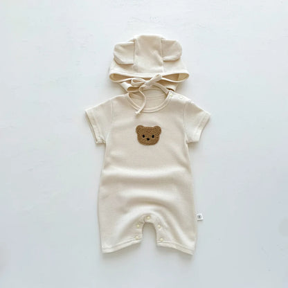 Nuevo en verano, monos para niños y niñas de manga corta con parche de gofre, monos para recién nacidos, pelele de algodón, sombrero de regalo con oreja