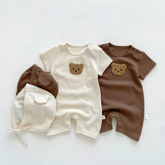 Nuevo en verano, monos para niños y niñas de manga corta con parche de gofre, monos para recién nacidos, pelele de algodón, sombrero de regalo con oreja