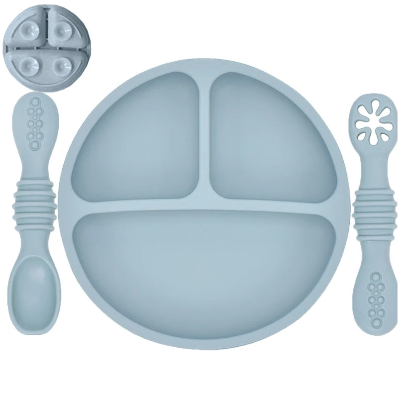 Plato de comedor de silicona con ventosa para bebé, juego de cuchara de arroz, platos bonitos de dibujos animados para niños, vajilla para bebé con cara sonriente, cuenco Retro para chico