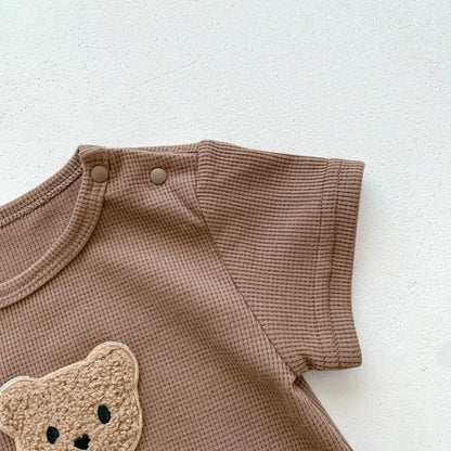 Nuevo en verano, monos para niños y niñas de manga corta con parche de gofre, monos para recién nacidos, pelele de algodón, sombrero de regalo con oreja