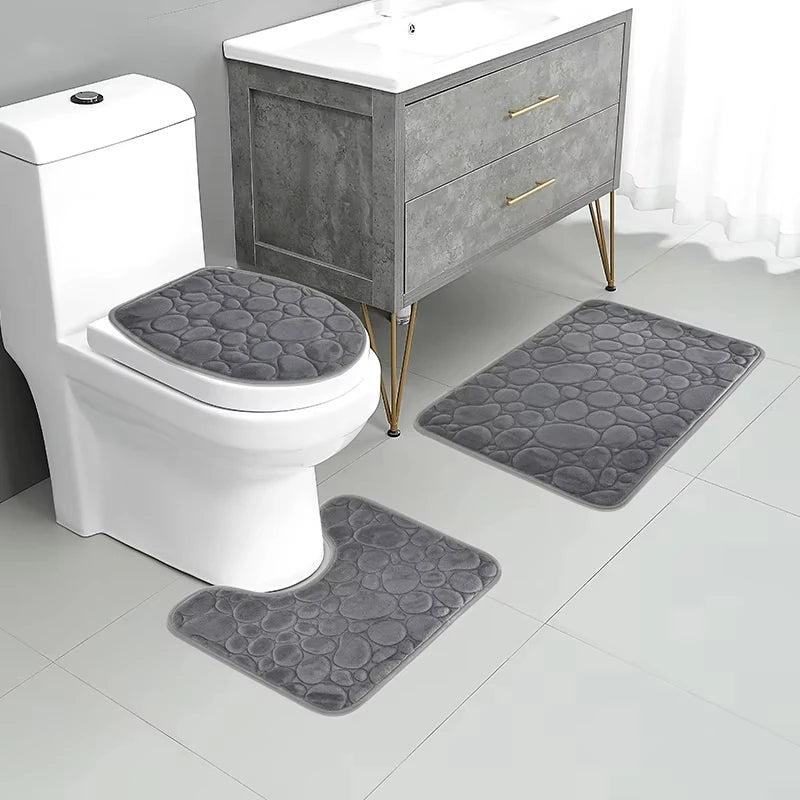 3 unids/set Color sólido baño Simple absorbente de agua y alfombrilla antideslizante patrón de piedra, cómodo y suave, juego de tres piezas
