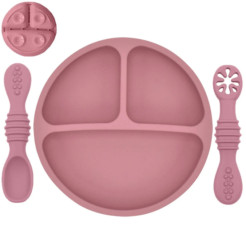 Plato de comedor de silicona con ventosa para bebé, juego de cuchara de arroz, platos bonitos de dibujos animados para niños, vajilla para bebé con cara sonriente, cuenco Retro para chico
