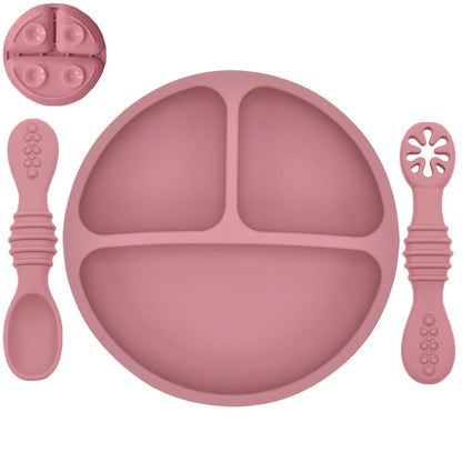 Plato de comedor de silicona con ventosa para bebé, juego de cuchara de arroz, platos bonitos de dibujos animados para niños, vajilla para bebé con cara sonriente, cuenco Retro para chico