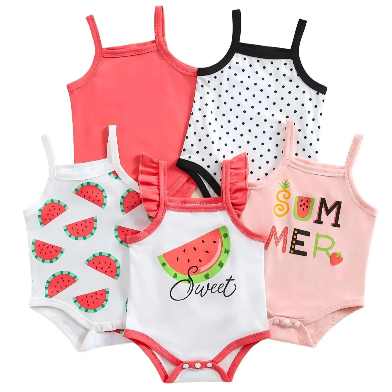 Mameluco de tirantes dulces de primavera y verano para niña con estampado de frutas populares, paquete de 5 en colores mezclados