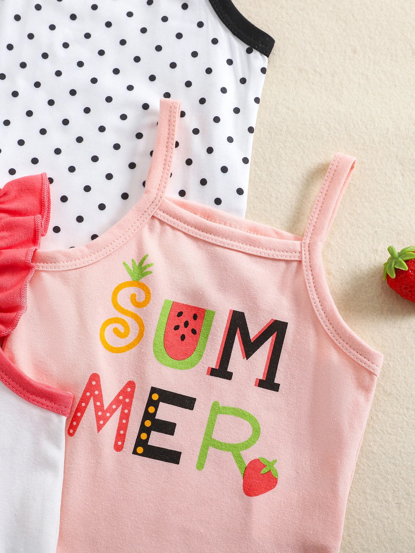Mameluco de tirantes dulces de primavera y verano para niña con estampado de frutas populares, paquete de 5 en colores mezclados
