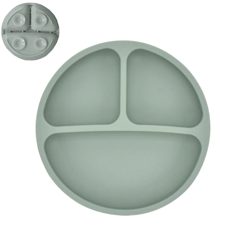Plato de comedor de silicona con ventosa para bebé, juego de cuchara de arroz, platos bonitos de dibujos animados para niños, vajilla para bebé con cara sonriente, cuenco Retro para chico