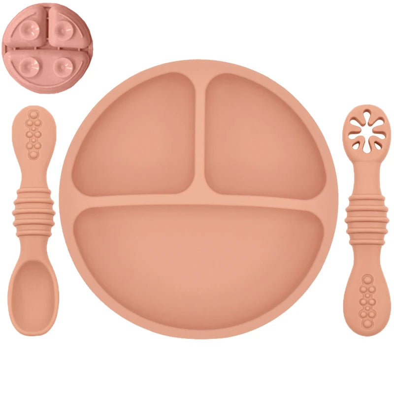 Plato de comedor de silicona con ventosa para bebé, juego de cuchara de arroz, platos bonitos de dibujos animados para niños, vajilla para bebé con cara sonriente, cuenco Retro para chico