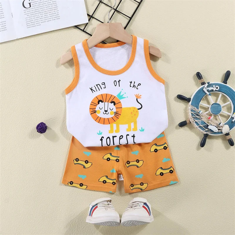 Conjunto de ropa de 2 piezas con chaleco y pantalones cortos, pijamas de León de dibujos animados, chándal informal de algodón para niños  de 1 a 6 años