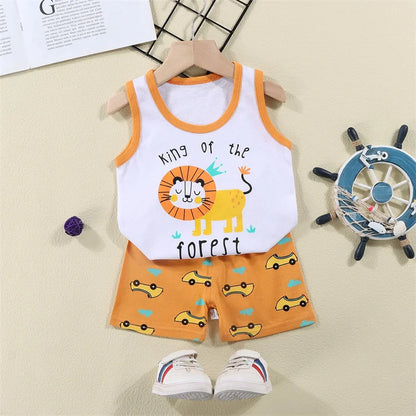 Conjunto de ropa de 2 piezas con chaleco y pantalones cortos, pijamas de León de dibujos animados, chándal informal de algodón para niños  de 1 a 6 años