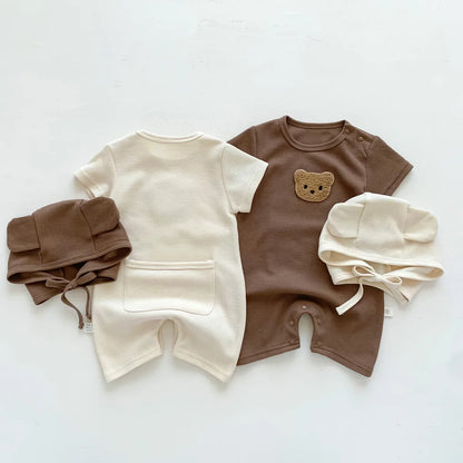 Nuevo en verano, monos para niños y niñas de manga corta con parche de gofre, monos para recién nacidos, pelele de algodón, sombrero de regalo con oreja