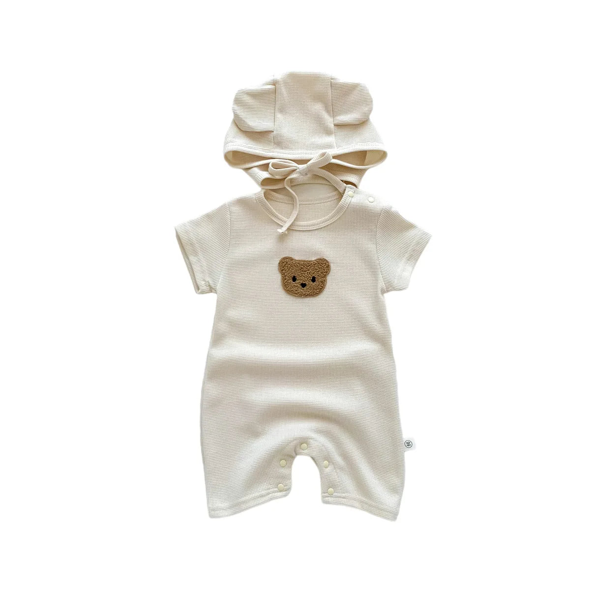 Nuevo en verano, monos para niños y niñas de manga corta con parche de gofre, monos para recién nacidos, pelele de algodón, sombrero de regalo con oreja