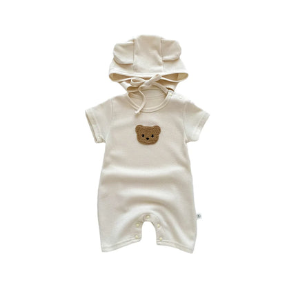 Nuevo en verano, monos para niños y niñas de manga corta con parche de gofre, monos para recién nacidos, pelele de algodón, sombrero de regalo con oreja