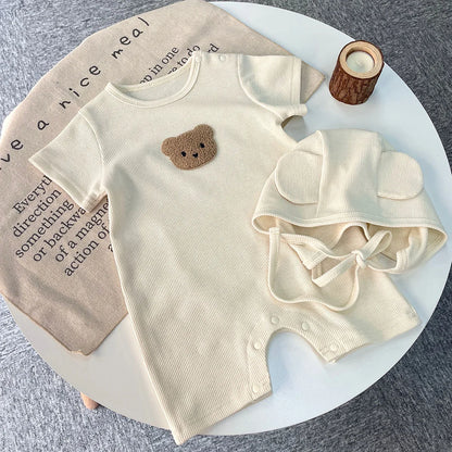 Nuevo en verano, monos para niños y niñas de manga corta con parche de gofre, monos para recién nacidos, pelele de algodón, sombrero de regalo con oreja