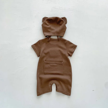 Nuevo en verano, monos para niños y niñas de manga corta con parche de gofre, monos para recién nacidos, pelele de algodón, sombrero de regalo con oreja