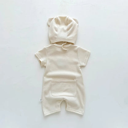 Nuevo en verano, monos para niños y niñas de manga corta con parche de gofre, monos para recién nacidos, pelele de algodón, sombrero de regalo con oreja