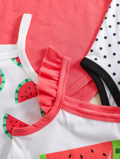 Mameluco de tirantes dulces de primavera y verano para niña con estampado de frutas populares, paquete de 5 en colores mezclados