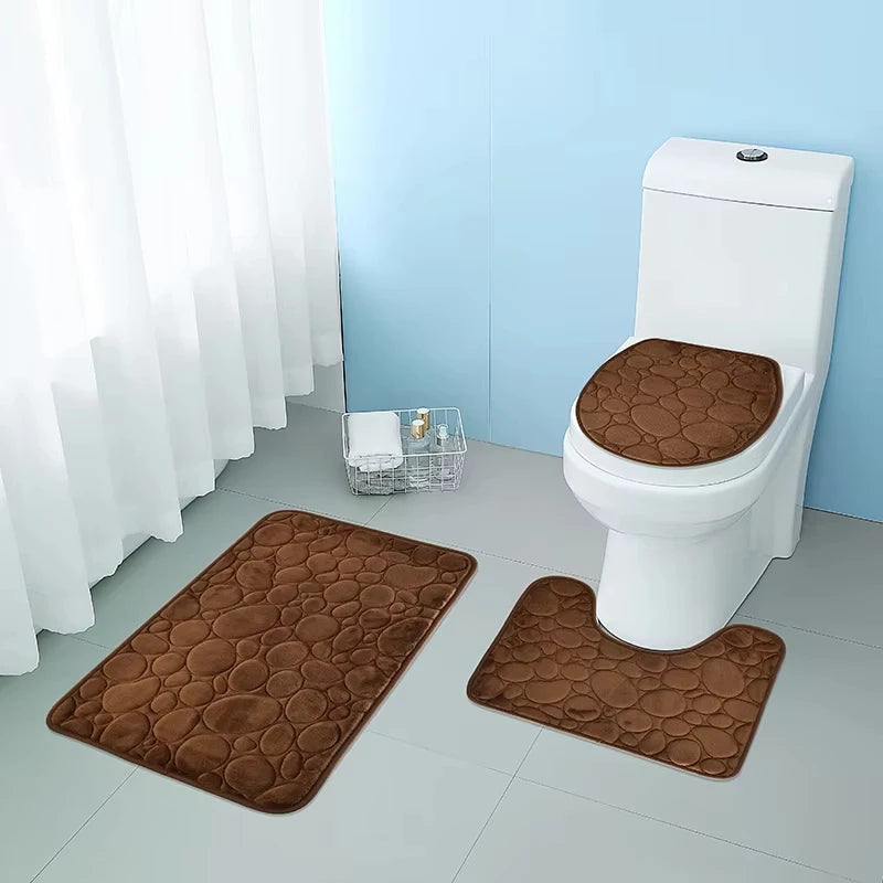 3 unids/set Color sólido baño Simple absorbente de agua y alfombrilla antideslizante patrón de piedra, cómodo y suave, juego de tres piezas