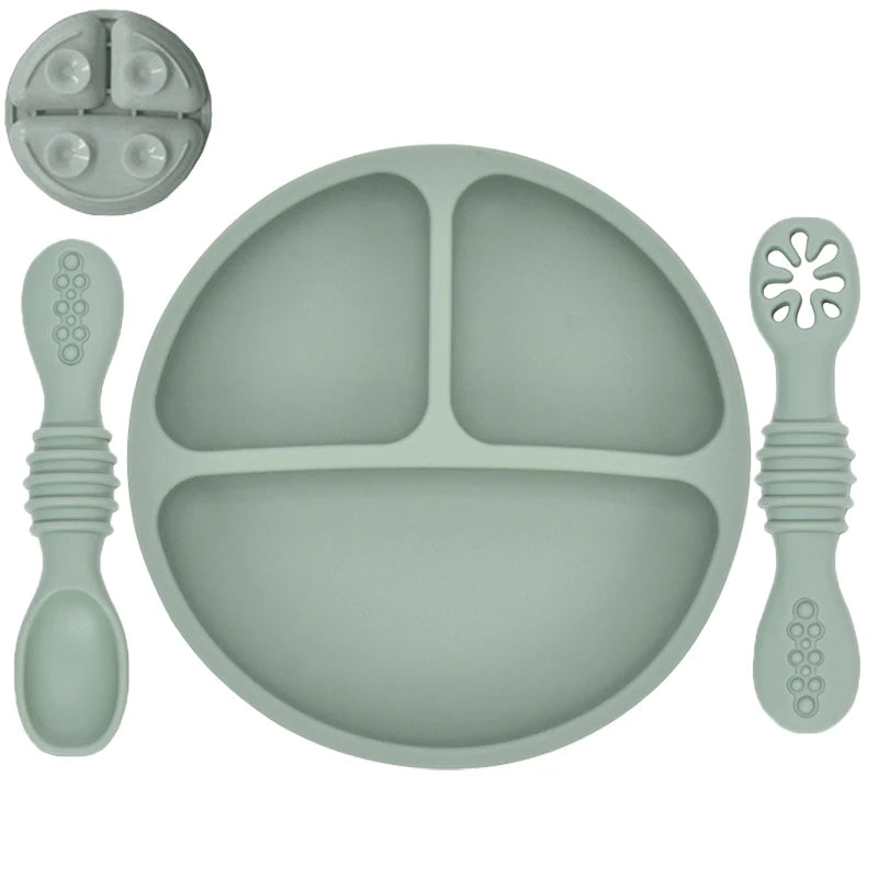Plato de comedor de silicona con ventosa para bebé, juego de cuchara de arroz, platos bonitos de dibujos animados para niños, vajilla para bebé con cara sonriente, cuenco Retro para chico