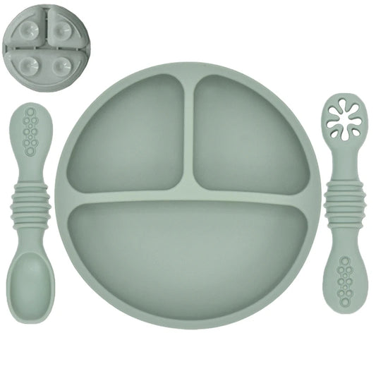 Plato de comedor de silicona con ventosa para bebé, juego de cuchara de arroz, platos bonitos de dibujos animados para niños, vajilla para bebé con cara sonriente, cuenco Retro para chico