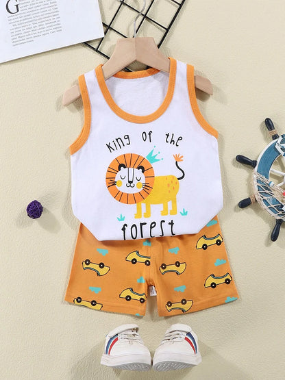 Conjunto de ropa de 2 piezas con chaleco y pantalones cortos, pijamas de León de dibujos animados, chándal informal de algodón para niños  de 1 a 6 años