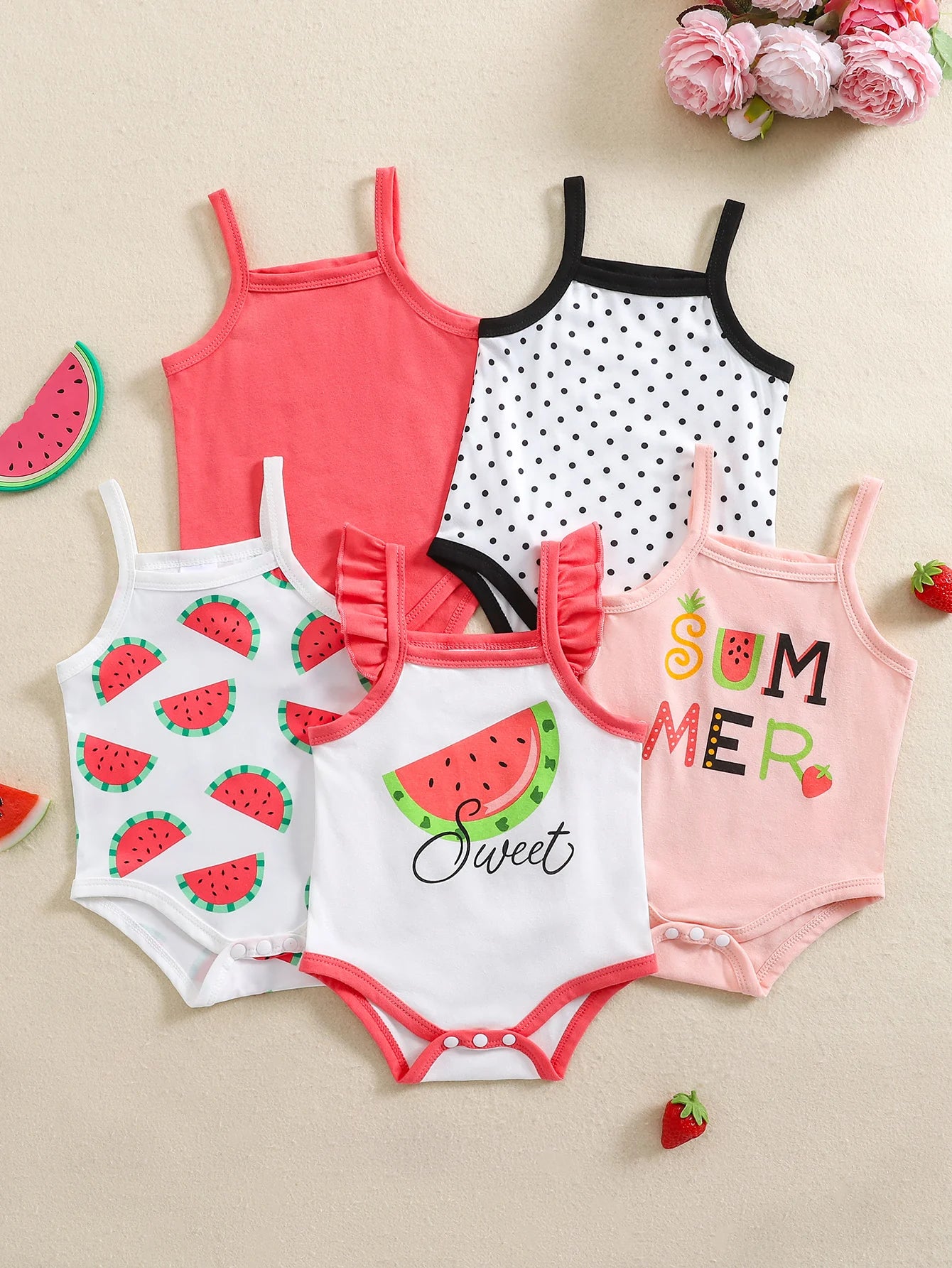 Mameluco de tirantes dulces de primavera y verano para niña con estampado de frutas populares, paquete de 5 en colores mezclados