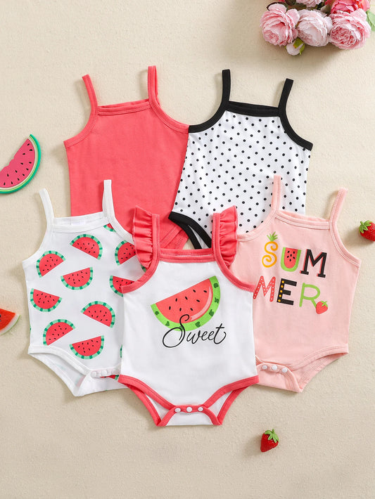 Mameluco de tirantes dulces de primavera y verano para niña con estampado de frutas populares, paquete de 5 en colores mezclados
