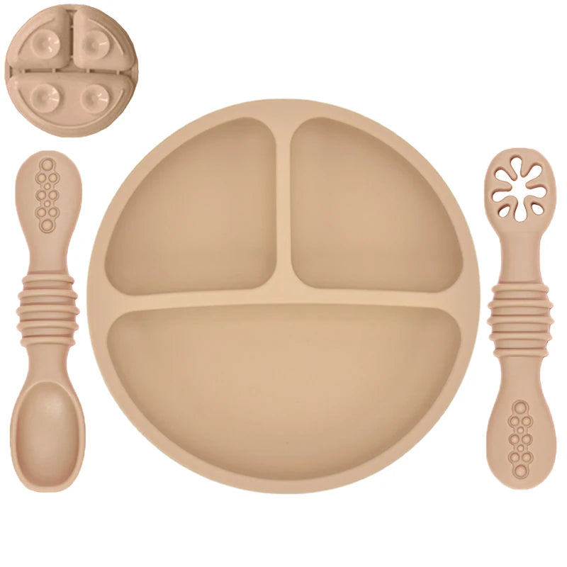 Plato de comedor de silicona con ventosa para bebé, juego de cuchara de arroz, platos bonitos de dibujos animados para niños, vajilla para bebé con cara sonriente, cuenco Retro para chico