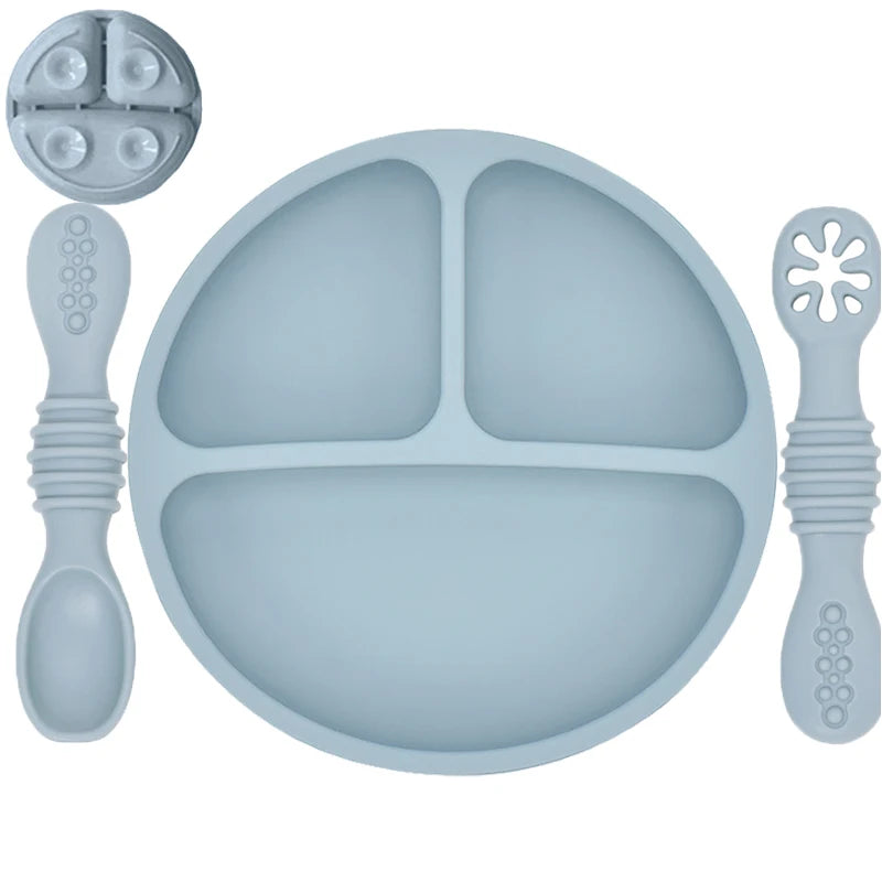 Plato de comedor de silicona con ventosa para bebé, juego de cuchara de arroz, platos bonitos de dibujos animados para niños, vajilla para bebé con cara sonriente, cuenco Retro para chico