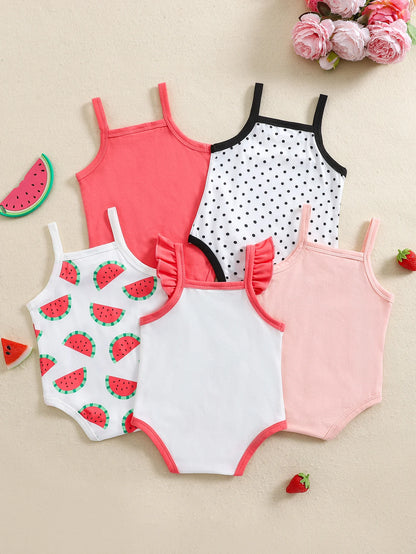 Mameluco de tirantes dulces de primavera y verano para niña con estampado de frutas populares, paquete de 5 en colores mezclados