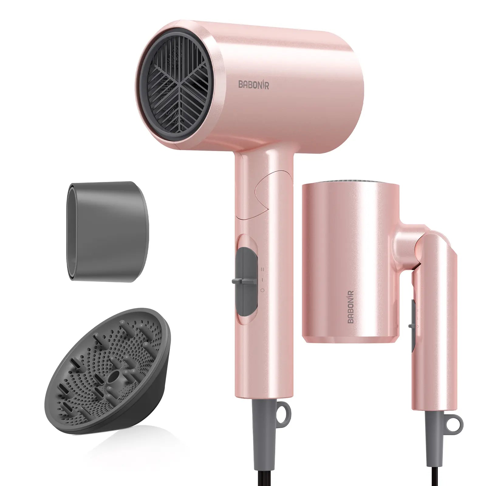 BABONIR Ionic Hair Dryer 1875W Quick-Dry, Frizz Reduction, Concentrator & Diffuser Accessories, Lightweight & Quiet, Foldable Travel Design,Adaptable to All Hairstyles,Blow Dryer,Compact Design for Women and Men,Holiday Gift,Grey,Pink,Summervibes Summervi